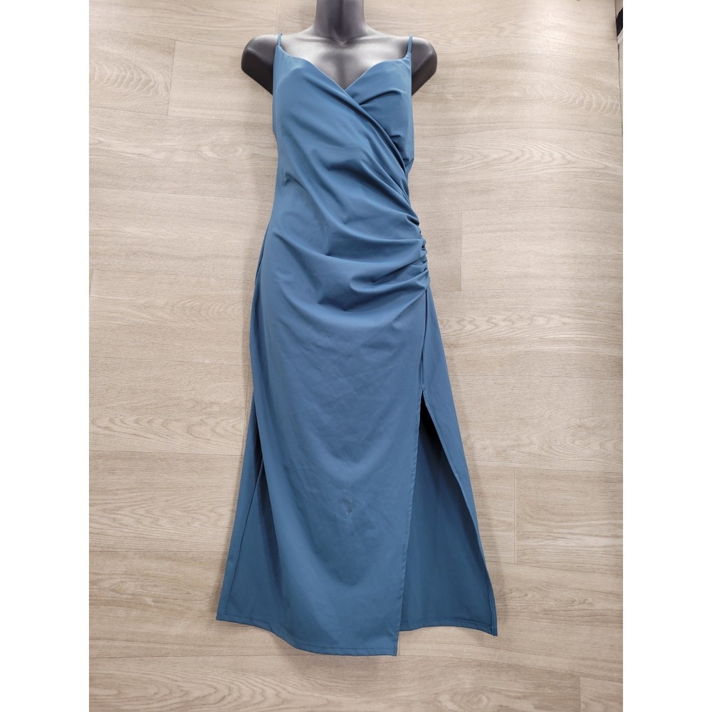 NWT HALARA SoftlyZero Airy Bodycon Dress M Navy Blue Ruched Crossover Lace Up